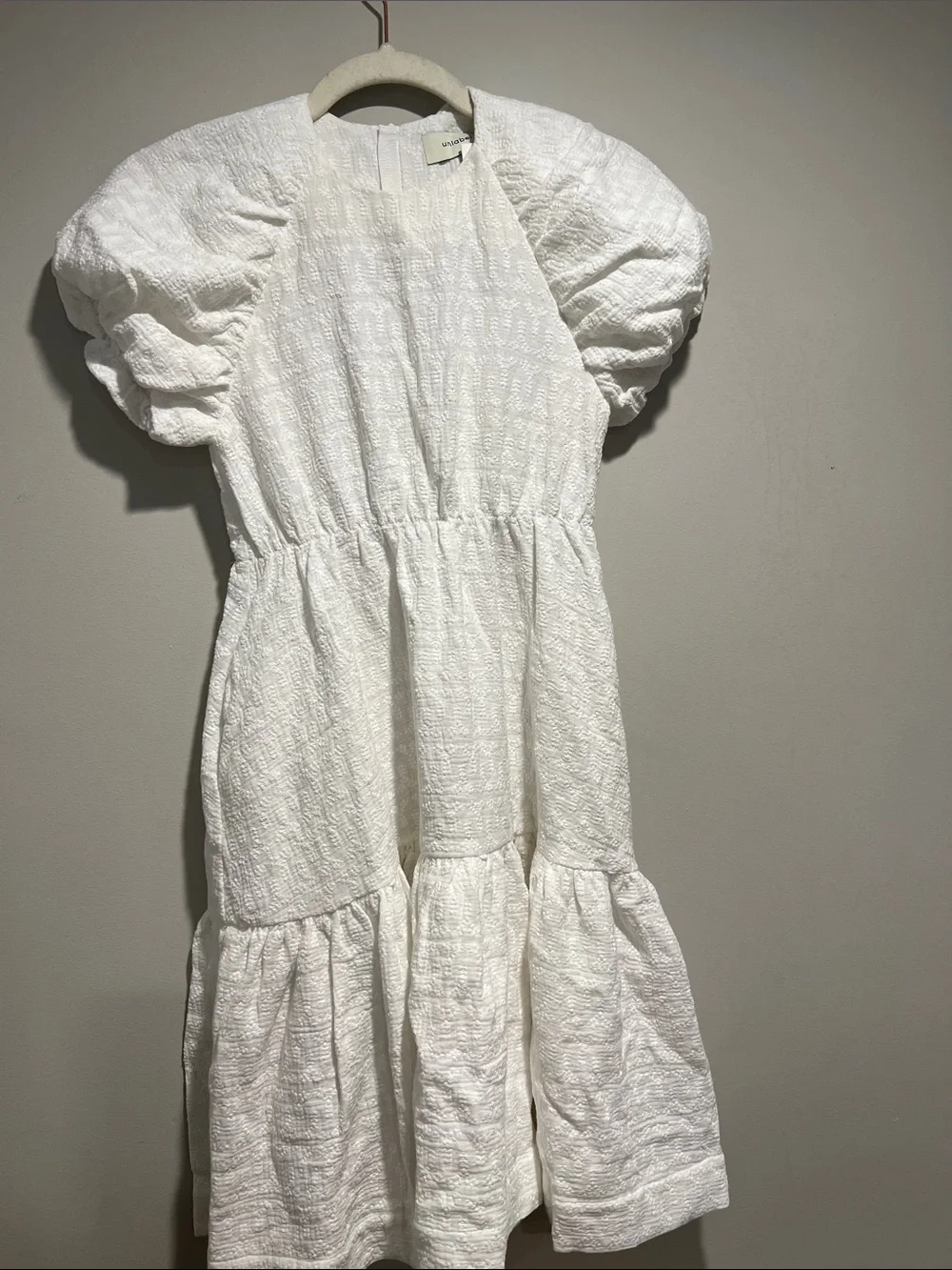Unlabel White Puff-Sleeve Tiered Textured Dress for Girls